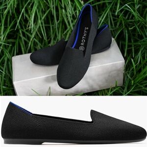 Rothy’s The Lounge Loafer Black Knit Flats Size 7.5 Washable Slip-On Blue Trim